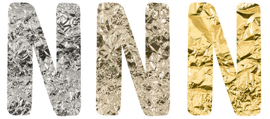 Isolated Font English or Latin Letter N made of crumpled titanium, silver, gold foil on white background