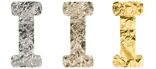 Isolated Font English or Latin Letter I made of crumpled titanium, silver, gold foil on white...