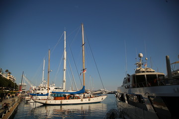  Principality of Monako. View of seaport with yachts and speedboats. Winter, low season.