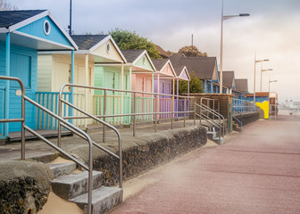 Pastel coloured beach huts in Clacton, England