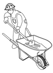 Tradesman wearing face mask & hard hat. cement mixing, wheel barrow & hoe. Black line cartoon.