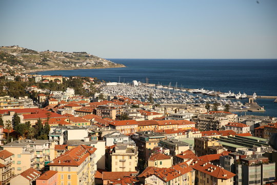 Aerial top view of Monaco from the grand corniche road.