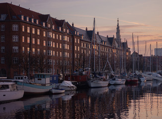 PANORAMIC URBAN SCAPE, SUNSET, COPENHAGUE, DENMARK, MARCH, 2019