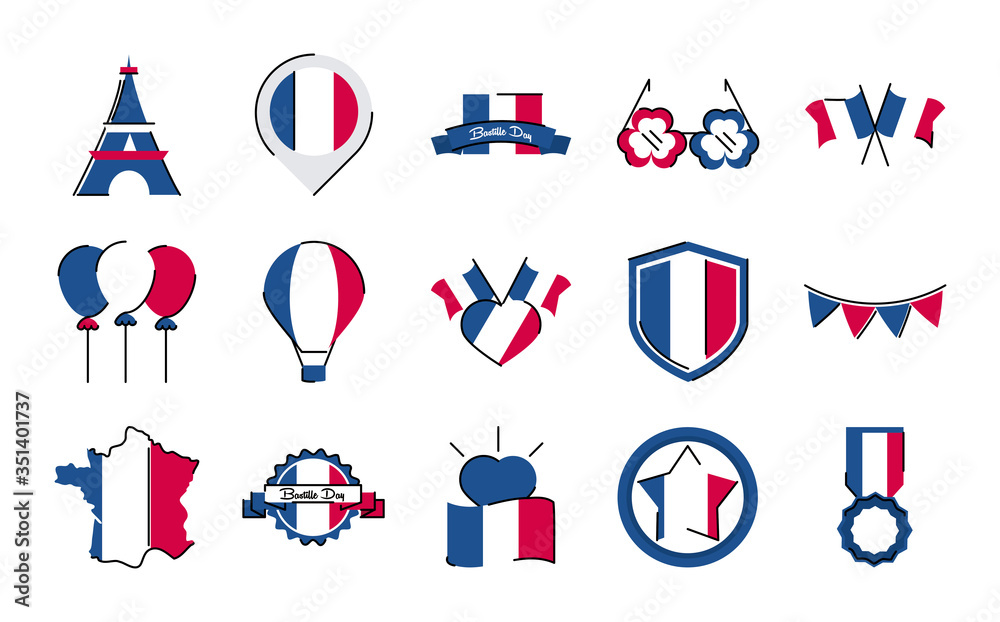 Canvas Prints france and bastille day line and fill style icon set vector design