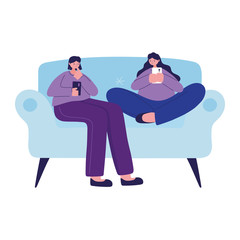 Seated women on couch with smartphone chatting vector design