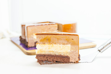 Delicious french Chocolate Cake. Tasty dessert in a pastry shop