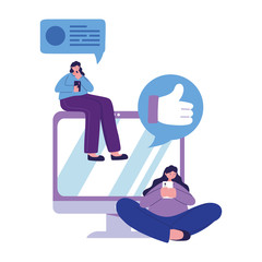 Seated women with smartphone and computer chatting vector design