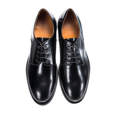 leather men's glossy autumn shoes, object isolated on a white background, clothing accessory.
