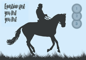 Horse rider silhouette, premium rosettes, equestrian sport, isolated black silhouette on a blue background, space for your text, banner, postcard