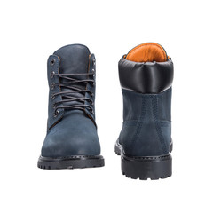 gray boots with laces on the tread, leather shoes for bad weather isolated on white background