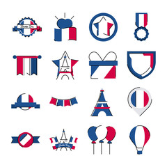 France and bastille day line and fill style icon set vector design