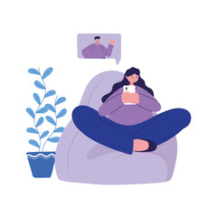 Woman sit on puf with smartphone chatting vector design
