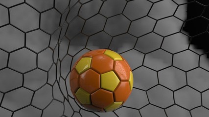 Orange-yellow Soccer Ball in the Goal Net under black-white lighting with dark toned foggy smoke background. 3D illustration. 3D CG. High resolution.