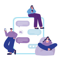 Women and man on puf with smartphone chatting vector design