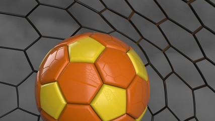 Orange-yellow Soccer Ball in the Goal Net under black-white lighting with dark toned foggy smoke background. 3D illustration. 3D CG. High resolution.