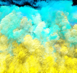 Fototapeta na wymiar Colorful clouds, smoke effect flowing with turbulences and speed. Cloud collision isolated on black background. Colored abstract smoke explosion dynamic flow. 3D rendering
