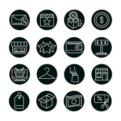 Shopping block and line style icon set vector design