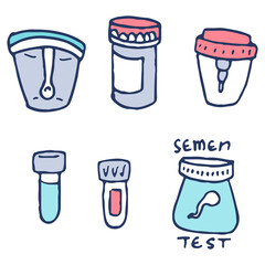 Test jars sticker set on white isolated backdrop. Semen flask for social banner, web element, health care promo, medical poster. Chemist shop logo or info card. Doodle style stock vector illustration