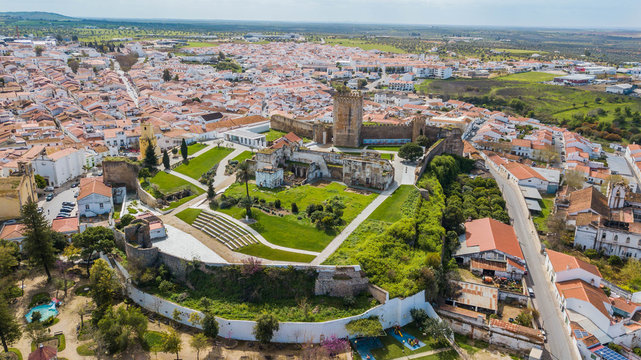 Aerial view of Moura castle and the city of Moura, in Portugal