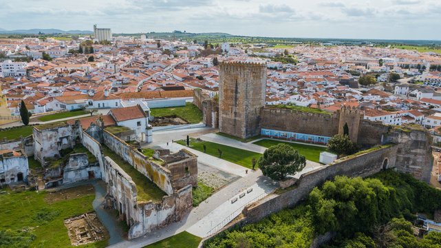 Aerial view of Moura castle and the city of Moura, in Portugal