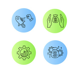 Financial services icons set. Icons wealth management, venture capital, asset management, insurance. Icons hand throws a coin into a rocket, gear with a bar chart