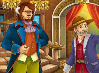 cartoon scene with enchanted prince as a beast in the medieval castle meeting farmer illustration © honeyflavour