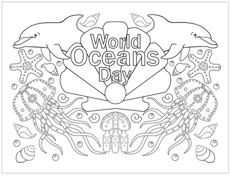 World Oceans Day - June 8 - vector linear picture for coloring with sea animals and lettering. Coloring book antistress - ocean day. Outline.
