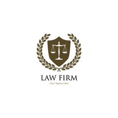 Law office logo in the form of shield. The judge, Law firm logo template, lawyer set of vintage labels. Lawyer Attorney Advocate Logo design vector template.  Shield Law Legal firm Security comp