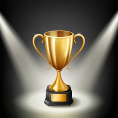 Realistic Golden Trophy illuminated spotlight. Vector Illustration