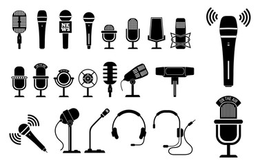 set of microphone icon or mic standing at podium or classic mic concept. eps 10 vector, easy to modify - obrazy, fototapety, plakaty
