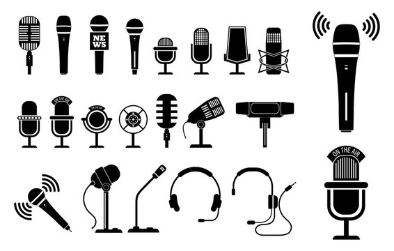 set of microphone icon or mic standing at podium or classic mic concept. eps 10 vector, easy to modify