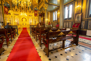 Sveti Stephen Church-Iron Church (Turkish: Demir Kilise) interior wide angle view is a Bulgarian Orthodox church made of prefabricated cast iron elements in neo gothic style in Balat, Istanbul, Turkey