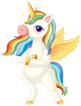 Cute rainbow unicorn in standing position on white background
