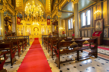 Sveti Stephen Church-Iron Church (Turkish: Demir Kilise) interior wide angle view is a Bulgarian Orthodox church made of prefabricated cast iron elements in neo gothic style in Balat, Istanbul, Turkey