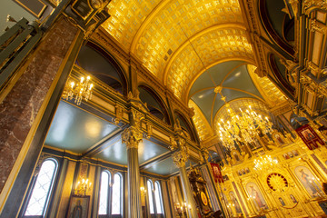 Sveti Stephen Church-Iron Church (Turkish: Demir Kilise) interior wide angle view is a Bulgarian Orthodox church made of prefabricated cast iron elements in neo gothic style in Balat, Istanbul, Turkey