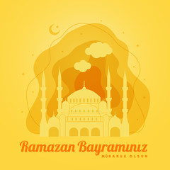 Ramadan holiday. Eid al-Fitr Mubarak Islamic Feast Greetings (Translation: Ramazan Bayraminiz Kutlu Olsun.)(Turkish: Ramazan Bayraminiz Mubarek Olsun.) Holy month of muslim community Ramadan.