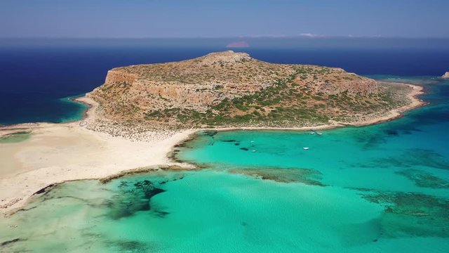 Aerial view on Tigani cape and Balos lagoon with sandy sea beach. Crete, Greece.
