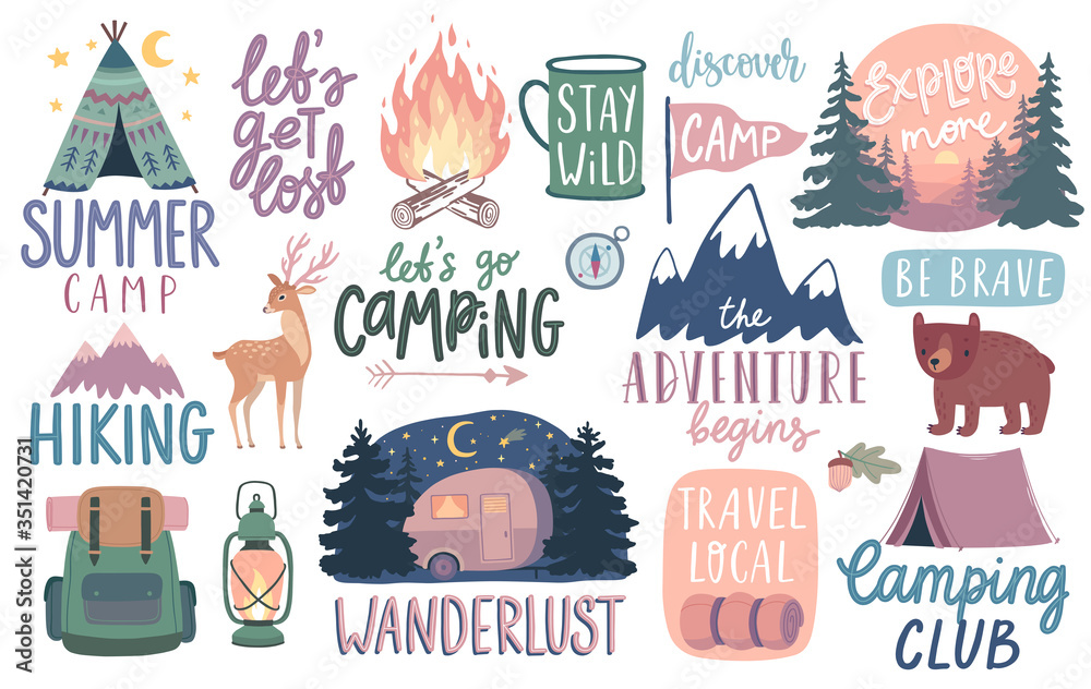Wall mural camping, hiking, adventure letterings. wild animals, fireplace, mountains, tents and other elements.