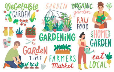 Gardening letterings, working people and other elements. Farmers products and home Garden set.