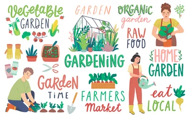 Gartenbeschriftungen, arbeitende Menschen und andere Elemente. Bauernprodukte und Hausgarten-Set. © avian