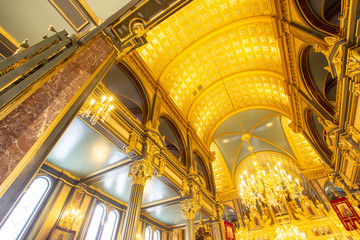 Sveti Stephen Church-Iron Church (Turkish: Demir Kilise) interior wide angle view is a Bulgarian Orthodox church made of prefabricated cast iron elements in neo gothic style in Balat, Istanbul, Turkey