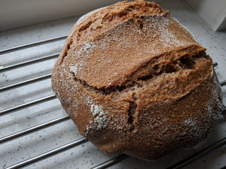 Loaf of round, crispy, freshly baked homemade bread
