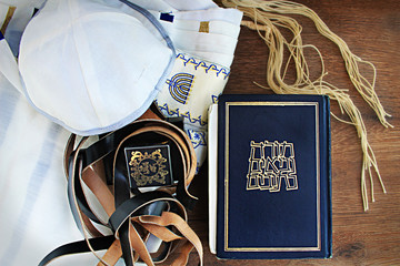 Jewish prayer set: Tanakh (Tanach), Tefillin, Kippah (Kippa), Tsitsit (translated from Hebrew on...