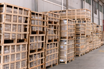 factory warehouse with packed pallets horizontal composition