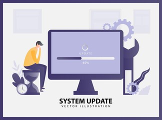 Illustration vector system update concept with people waiting. The process of upgrading to System Update, replacing newer versions. people update the operating system. landing page, template.