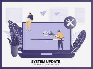 Illustration vector system update concept. The process of upgrading to System Update, replacing newer versions. people update operation system can use for, landing page, template, banner, flyer.