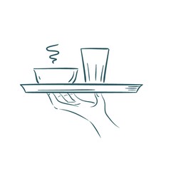 A hand holding a food tray illustration.
