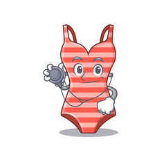 Smiley doctor cartoon character of swimsuit with tools
