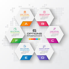 Hexagon business infographics template with 6 options in white color background