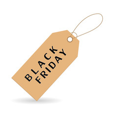 Black Friday sale tag. Label brown color paper with text isolated on white background. Element for banner, advertising, deal, price, discount, promotion, special, and coupon. Vector illustration.